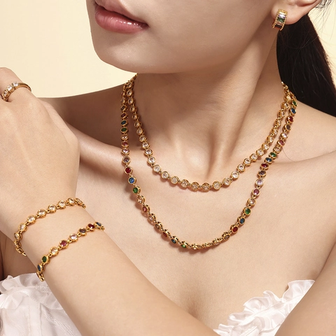 Gioielli Collana E Bracciale In Acciaio Al Titanio Con Zircone Rotondo Colorato Placcato Oro PVD Accessori Moda