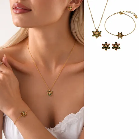 Kleurrijke Sneeuwvlok Zirconia Sieradenset Voor Dames Roestvrij Staal Goud Verguld Meerkleurig Kristal Ketting Armband Oorbel