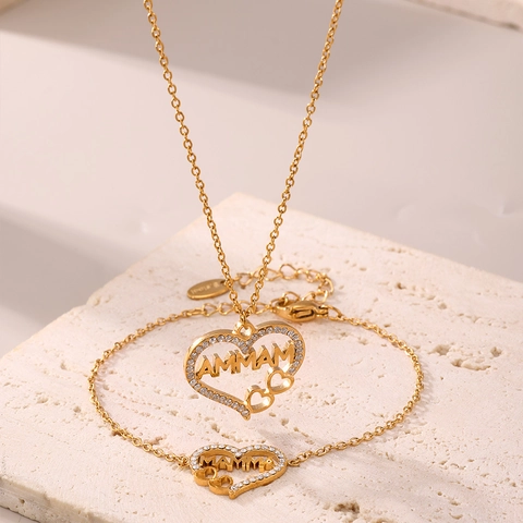 Stainless Steel Heart Mamma Letter Pendant Necklace Bracelet Jewelry Set For Women Gold Plated Zirconia Inlaid Commemorative Gift