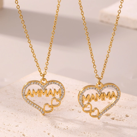 Stainless Steel Heart Mamma Letter Pendant Necklace Bracelet Jewelry Set For Women Gold Plated Zirconia Inlaid Commemorative Gift