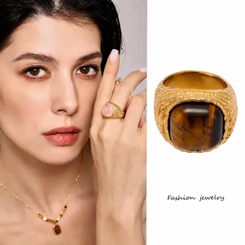 Stainless Steel Ring Women Natural Tiger's Eye Rose Quartz Geometric Metallic Exaggerated Statement Fashion Jewelry Gift