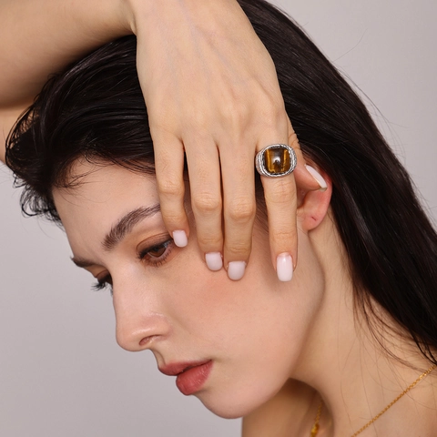 Stainless Steel Ring Women Natural Tiger's Eye Rose Quartz Geometric Metallic Exaggerated Statement Fashion Jewelry Gift