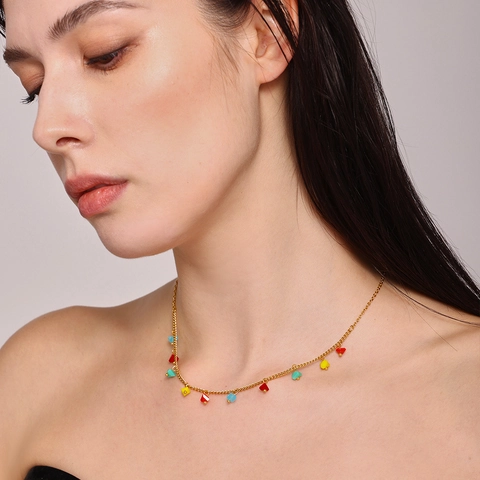 Bohemian Stainless Steel Gold Plated Necklace With Multi Color Faceted Crystal Stone Heart Pendants Geometric Choker For Women