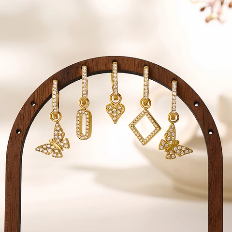Stainless Steel Zircon Pave Hoop Earrings For Women Gold Plated Geometric Heart Butterfly Hamsa Hand Dangle Jewelry Gift