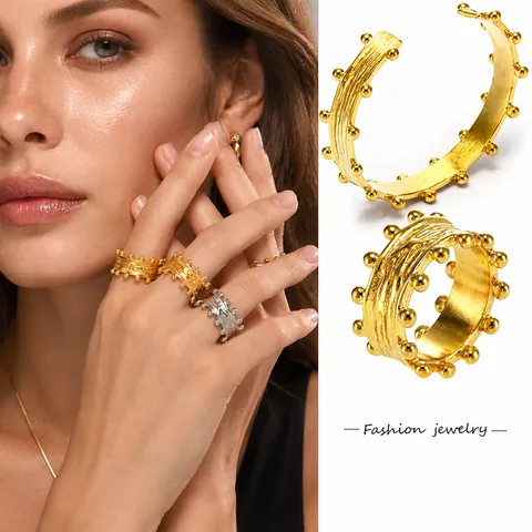 Fashion Stainless Steel Brushed Round Ball Open Ring For Women PVD 18K Gold Plated Textured Minimalist Style Jewelry Gift