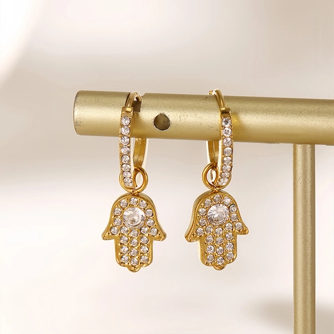Stainless Steel Zircon Pave Hoop Earrings For Women Gold Plated Geometric Heart Butterfly Hamsa Hand Dangle Jewelry Gift