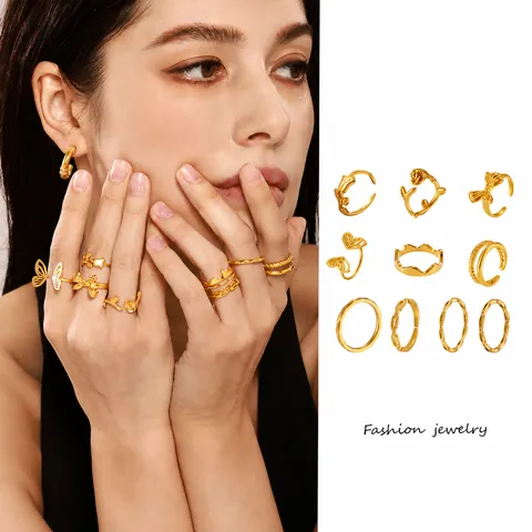 Ins Style Irregular Stainless Steel Open Ring For Women PVD 18K Gold Plated Butterfly Rose Crown Geometric Stackable Ring Jewelry
