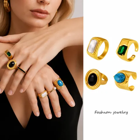 Vintage Gold Plated Stainless Steel Ring For Women With Zirconia Turquoise Agate Shell Retro Geometric Band Ring Jewelry