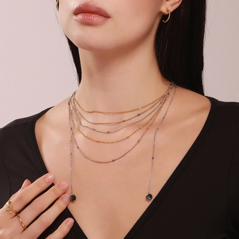 Multi Layer Tassel Necklace Stainless Steel Natural Stone Pendant Tricolor Chain Elegant Jewelry For Women