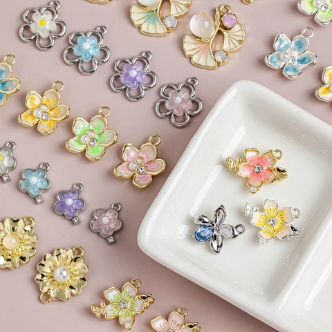 Alloy Floral Ginkgo Leaf Drip Oil Enamel Pendants Rhinestone Artificial Pearl Charms For DIY Jewelry Making Necklaces Accessories
