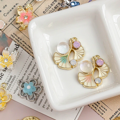 Alloy Floral Ginkgo Leaf Drip Oil Enamel Pendants Rhinestone Artificial Pearl Charms For DIY Jewelry Making Necklaces Accessories