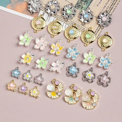 Alloy Enamel Flower Ginkgo Leaf Charms For Jewelry Making DIY Rhinestone Artificial Pearl Pendants For Earrings Necklace Bracelet