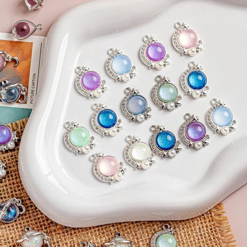 Himmlische DIY Schmuckanhänger Legierung Harz Mond Stern Planet Charms Mit Strass Künstliche Perle Für Halskettenbau