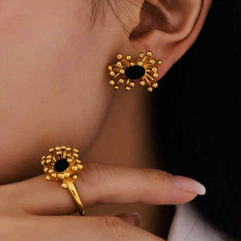18K Gold Plated Stainless Steel Flower Zirconia Jewelry Set Radiating Floral Ring Stud Earrings For Women Party Jewelry