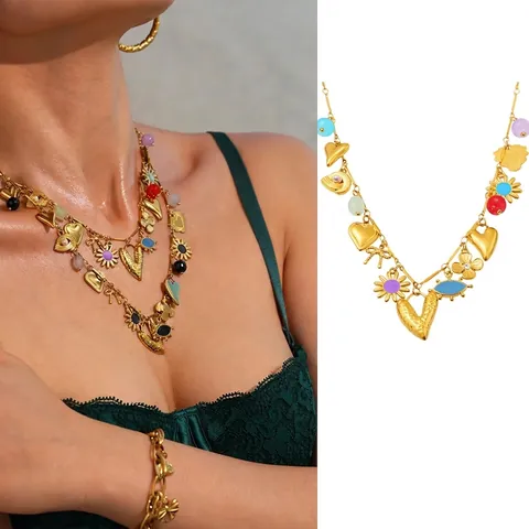 Vintage Stainless Steel Multi Charm Necklace For Women Agate Artificial Pearl Rhinestone Enamel Heart Flower Pendant Bohemian Fashion Jewelry