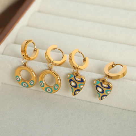 Boheems Titaniumstaal Verguld Boze Oog Emaille Oorbellen Hart Bloem Chili Vorm Vintage Dames Sieraden