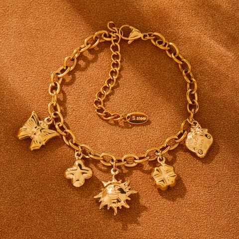 Stainless Steel Charm Bracelet For Women Gold Plated Zirconia Sun Butterfly Clover Strawberry Pendants Vacation Fashion Jewelry