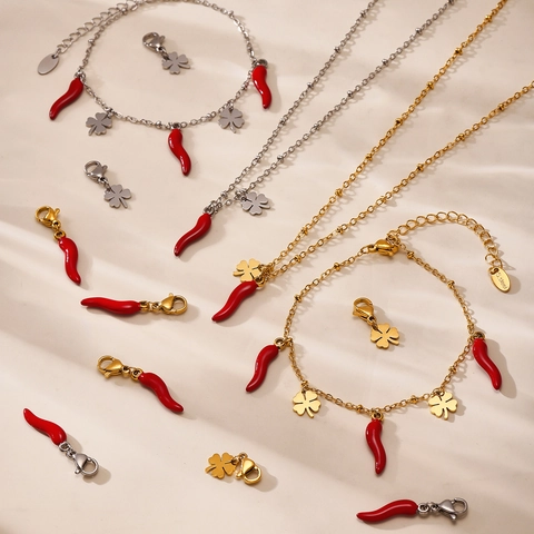 Stainless Steel Red Chili Four-Leaf Clover Jewelry Collection Enamel Pepper Pendant Necklace Bracelet For Women Jewelry