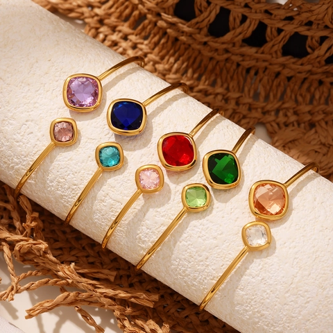 Stainless Steel Open Cuff Bracelet Czech Glass Stone Minimalist Geometric Square Adjustable Bangle Jewelry For Women