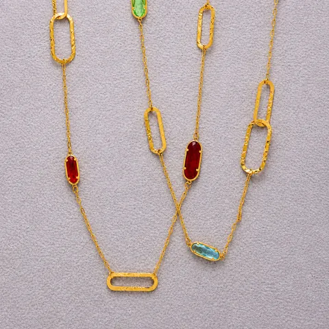Vintage Double Layer Stainless Steel 18K Gold Plated Long Necklace Faceted Czech Glass Stone Hammered Sweater Chain Women