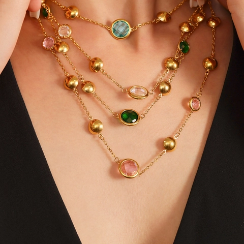Stainless Steel Czech Glass Necklace Gold Silver Plated Colorful Stone Station Necklace For Women Daily Fashion Jewelry