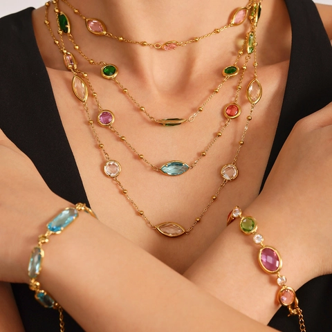 18K Gold Plated Stainless Steel Colorful Glass Stone Necklace For Women Bohemian Marquise Cut Round Beaded Chain Jewelry
