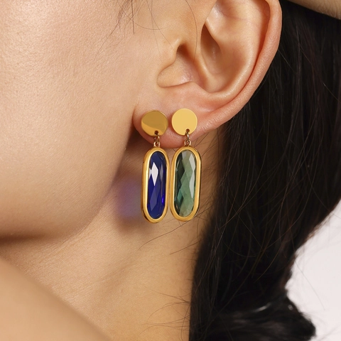 Elegant Stainless Steel Rectangle Glass Stone Dangle Earrings Gold Plated Geometric Oval Drop Earrings For Women Fashion Jewelry