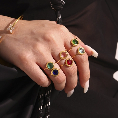 18K Vergoldeter Edelstahl Offener Ring Für Damen Bunter Runder Tschechischer Glasstein Minimalistischer Verstellbarer Ring