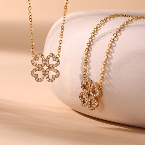 Luxury 18K Gold Plated Stainless Steel Jewelry Set 5A Zirconia Sparkling Heart Clover Necklace Bracelet Ring For Women