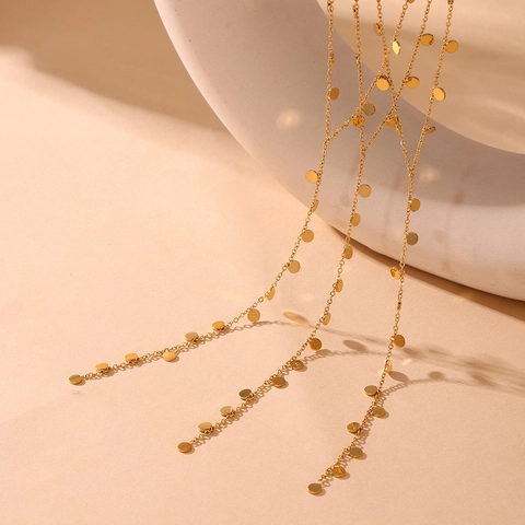 Stainless Steel Y Shaped Sequin Tassel Necklace For Women 18K Gold Plated Round Disc Long Lariat Chain Necklace Minimalist Jewelry