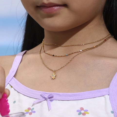 Gold Plated Stainless Steel Star Unicorn Jewelry Set For Kids Girls Cute Enamel Necklace Bracelet Adjustable Ring Anklet Cartoon Jewelry