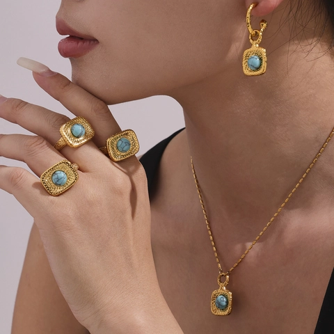 Vintage Edelstahl Schmuckset Gehämmert Quadratisch Türkis Süßwasserperle Anhänger Halskette Ohrringe Ring Für Damen
