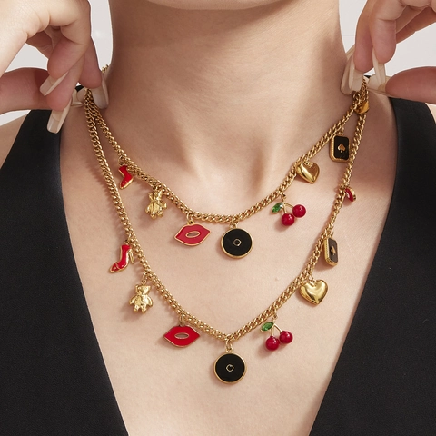 Gold Plated Stainless Steel Enamel Charm Necklace For Women High Heels Bear Lips Heart Spade Cherry Evil Eye Pendant Jewelry