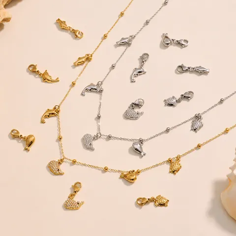 Collana con Pendente a Forma di Delfino e Balena in Acciaio Inossidabile Stile Oceanico Placcato Oro Argento Zirconia