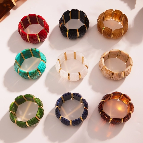 Women's Vintage Wide Band Stainless Steel Resin Stretch Bracelet Gold Plated Marble Texture Bohemian Elastic Bangle Jewelry
