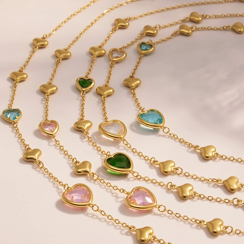 Stainless Steel Hollow Heart Pendant Necklace Faceted Glass Stone 18K Gold Plated Adjustable Charm Chain Jewelry For Women Gift