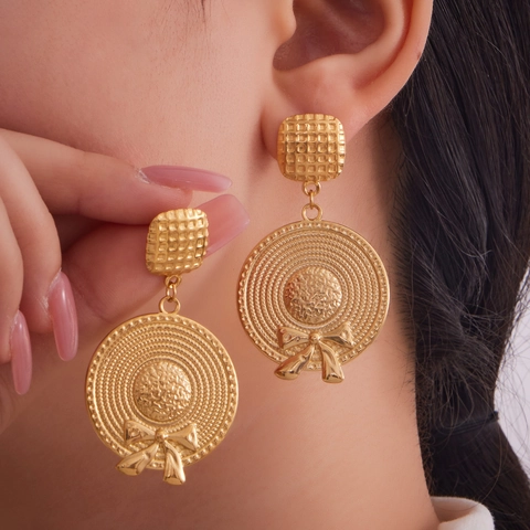 European American Vintage Stainless Steel Straw Hat Bow Knot Tassel Drop Earrings Chunky Chain Geometric Earrings For Women