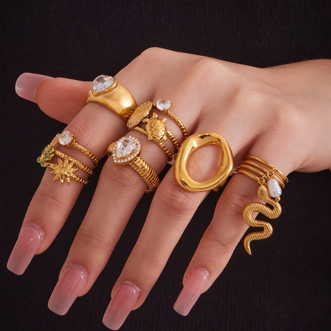Vintage Stainless Steel Colorful Zirconia Open Ring Heart Snake Palm Tree Shell Geometric Inlaid Diamond Women Jewelry