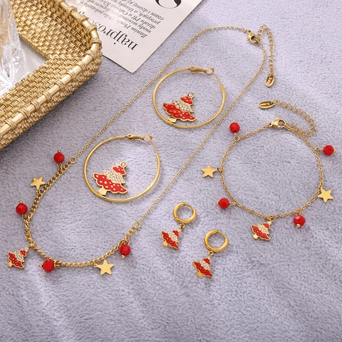 Stainless Steel Christmas Jewelry Set Red Enamel Tree Star Pendant Necklace Bracelet Earrings For Women Holiday Party Gift