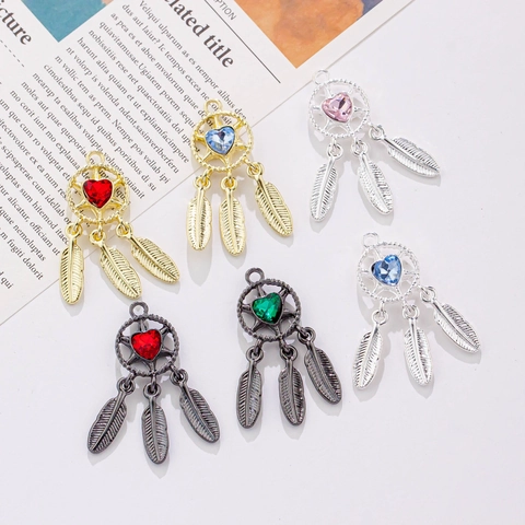 Alloy Dreamcatcher Heart Rhinestone Pendant DIY Beading Material Feather Charms For Necklace Bracelet Making Y2K Jewelry Accessories