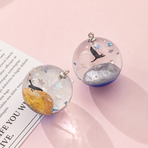 Transparent Resin Ball Pendant With Alloy Ring For DIY Jewelry Making Bird Whale Tail Starry Sky Landscape Handmade Accessory