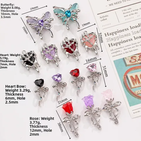 DIY Jewelry Pendants Alloy Rhinestone Liquid Metal Butterfly Heart Rose Gothic Style Charms For Necklace Bracelet Making