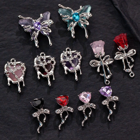 DIY Jewelry Pendants Alloy Rhinestone Liquid Metal Butterfly Heart Rose Gothic Style Charms For Necklace Bracelet Making