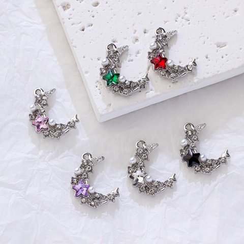 Süße Ins-Stil Legierung Mondsichel Stern Anhänger Mit Strass Und Künstlichen Perlen Für DIY Ohrringe Halskette Schmuckherstellung Damen