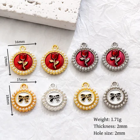 Vintage Legierung Rote Rose Schleife Emaille Anhänger Mit Künstlicher Perle Runde Charms Für DIY Ohrringe Halskette Schmuckherstellung