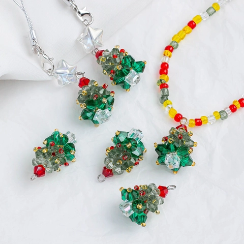 Handmade Christmas Tree Glass Beaded Pendant Faceted Crystal Charm For DIY Jewelry Making Festive Earring Necklace Ornament