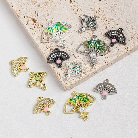Alloy Fan Shaped Pendant Bamboo Leaf Enamel Charm With Artificial Pearl Rhinestone For DIY Hairpin Jewelry Making Material