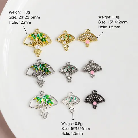 Alloy Fan Shaped Pendant Bamboo Leaf Enamel Charm With Artificial Pearl Rhinestone For DIY Hairpin Jewelry Making Material