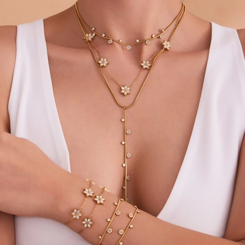 Stainless Steel Zircon Flower Jewelry Set For Women Gold Silver Plated Tassel Necklace And Bracelet Floral Clavicle Chain Jewelry