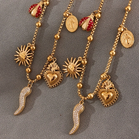 Stainless Steel Multi Pendant Necklace Gold Ladybug Sun Heart Cornicello Zirconia Jewelry For Women